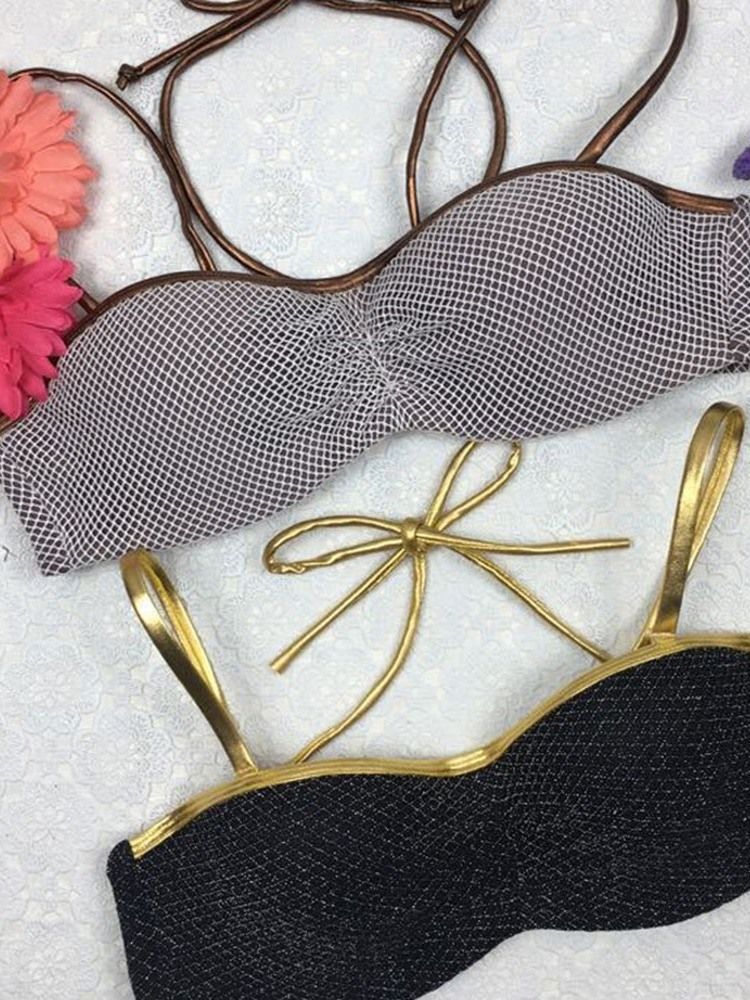 Conjunto De Biquíni Com Bloco De Cor Sexy Feminino Trajes De Banho Com Cordões