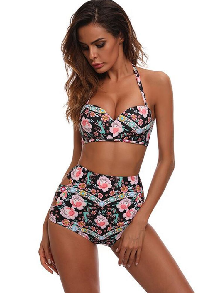 Conjunto De Biquíni Feminino Com Estampa Floral De Cintura Alta