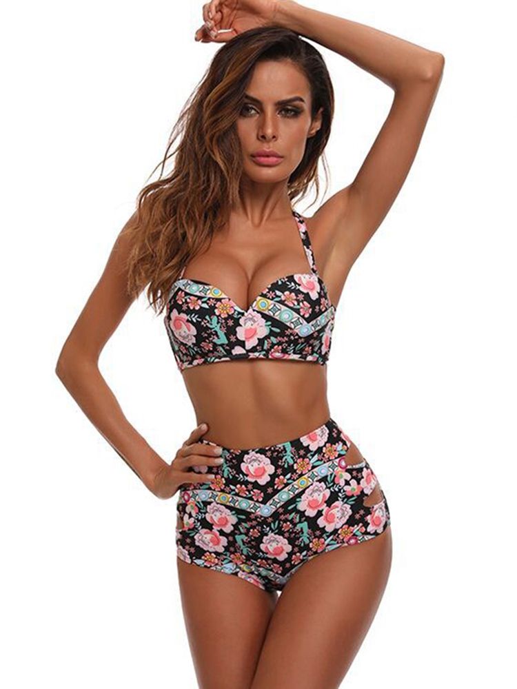 Conjunto De Biquíni Feminino Com Estampa Floral De Cintura Alta