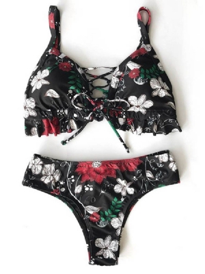 Conjunto De Biquíni Feminino Floral Com Renda Oca Sexy
