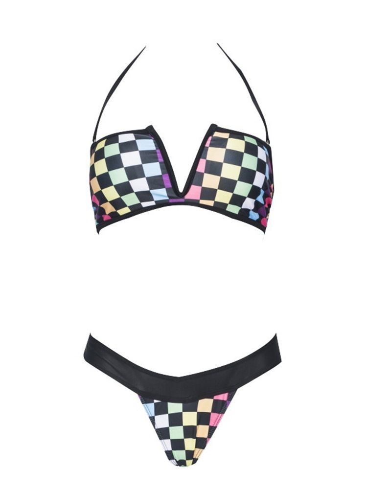 Conjunto De Biquíni Sexy Bloco De Cor Xadrez Feminino