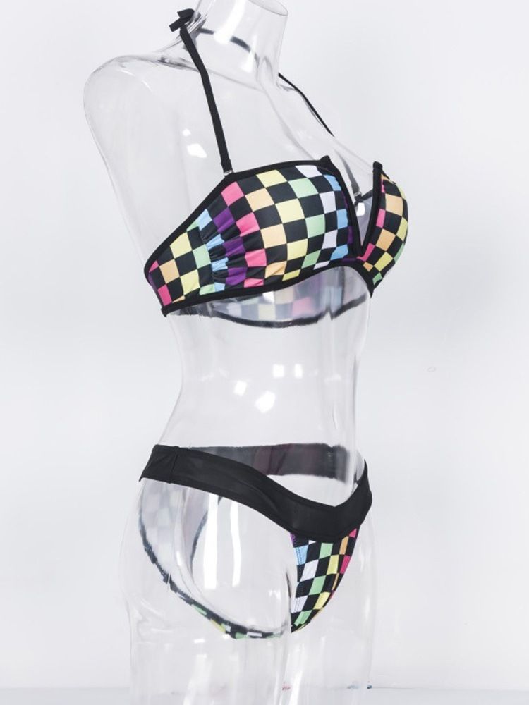 Conjunto De Biquíni Sexy Bloco De Cor Xadrez Feminino
