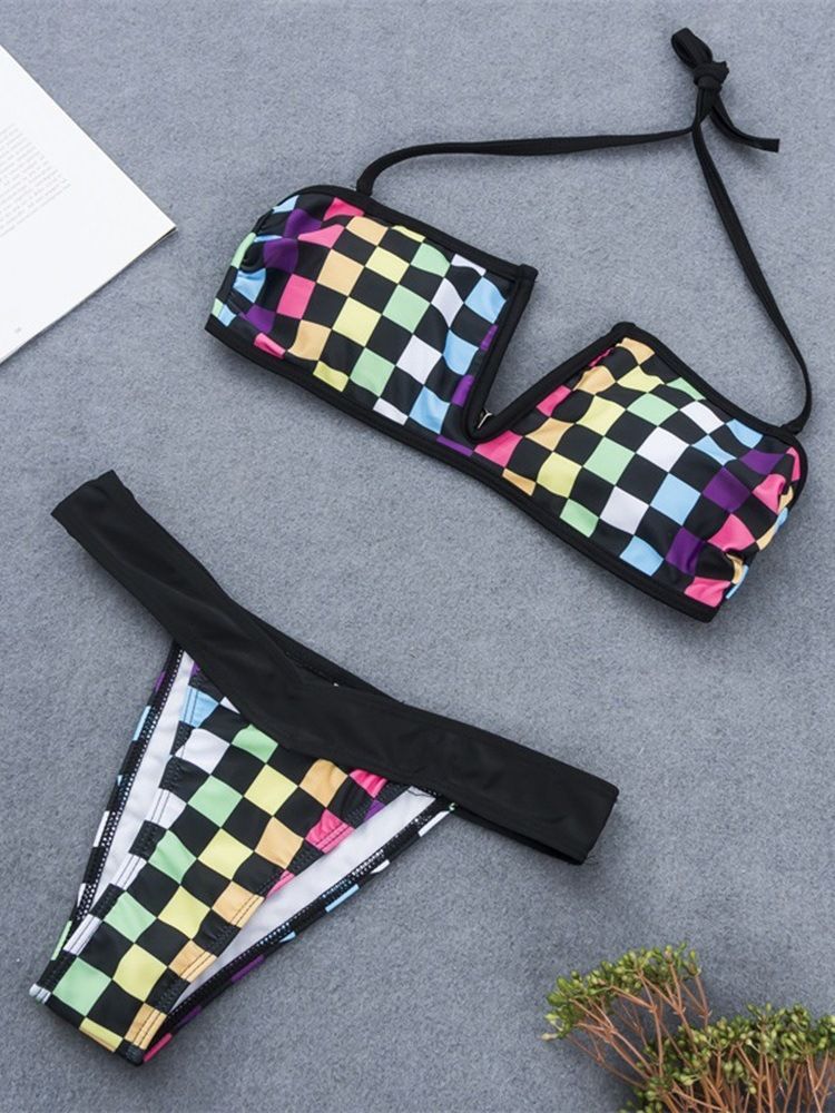 Conjunto De Biquíni Sexy Bloco De Cor Xadrez Feminino