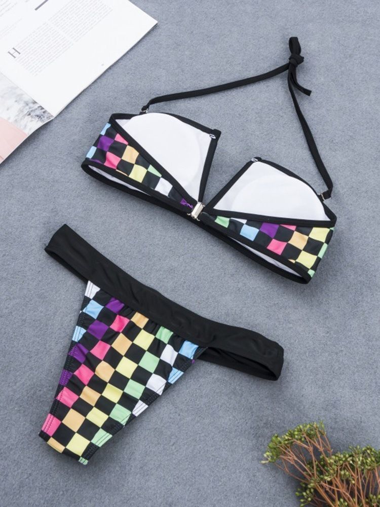 Conjunto De Biquíni Sexy Bloco De Cor Xadrez Feminino