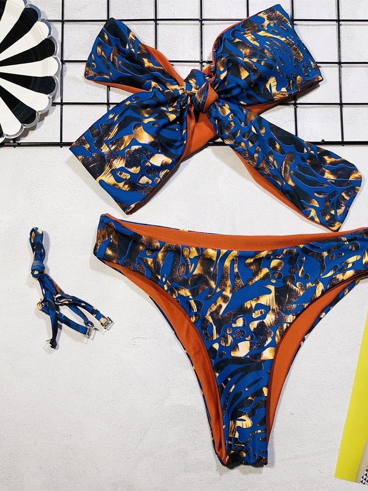 Conjunto De Blocos De Cores Femininos Tankini Estampa Bowknot Sexy Biquíni