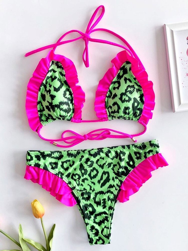 Fato De Banho Feminino Com Estampa Leopardo Com Babados E Babados