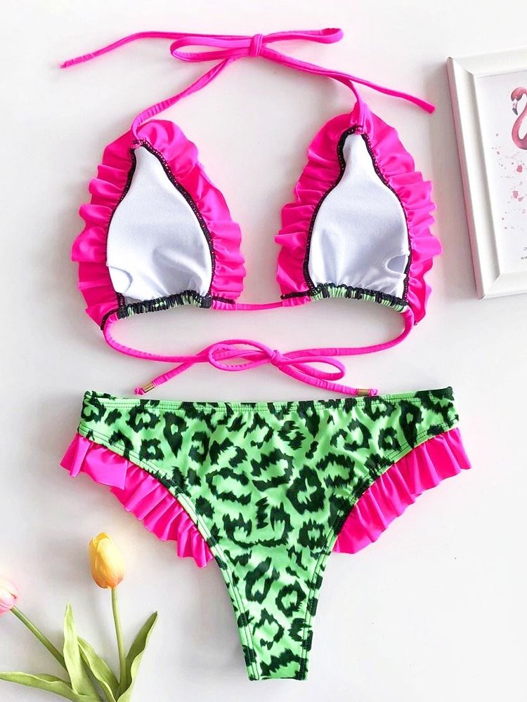 Fato De Banho Feminino Com Estampa Leopardo Com Babados E Babados