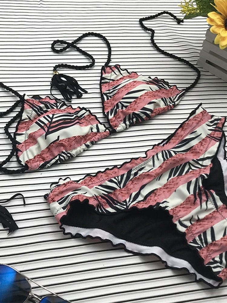 Fato De Banho Feminino De Faixa Colorida Em Bloco Com Cordões