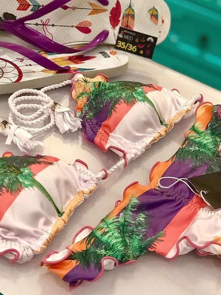 Fato De Banho Feminino De Faixa Colorida Em Bloco Com Cordões