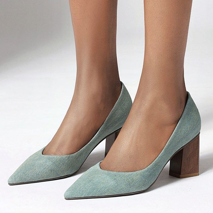 Bombas Casuais De Linha De Salto Grosso Deslizante Feminino