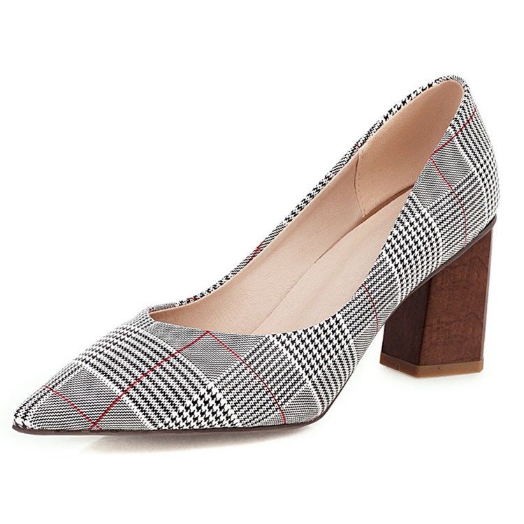 Bombas Casuais De Linha De Salto Grosso Deslizante Feminino