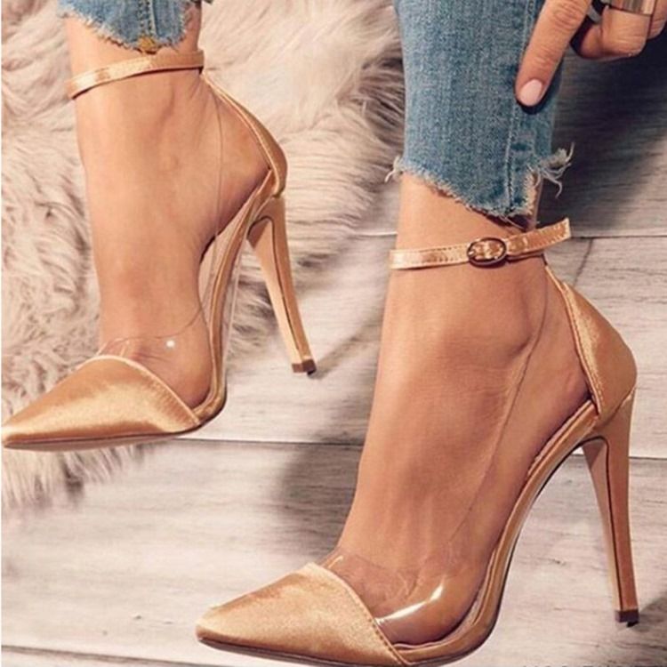 Bombas Femininas De Salto Agulha Com Fivela De Salto Agulha Patchwork De Pvc