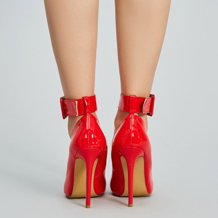 Bombas Femininas De Salto Agulha Simples Com Fivela Vermelha