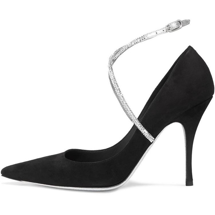 Bombas Femininas De Salto Alto Com Strass Com Ponta De Fivela Pontuda