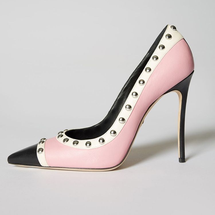 Bombas De Salto Agulha Com Bloco De Cor De Rebite Da Moda Feminina