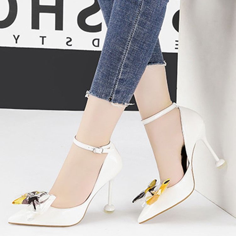 Bowknot Calcanhar Stiletto Toe Cor Block Bombas Femininas