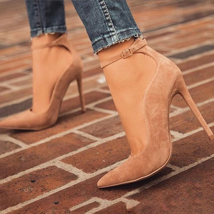 Sapatilhas De Nudez Femininas De Salto Agulha Falso Camurça