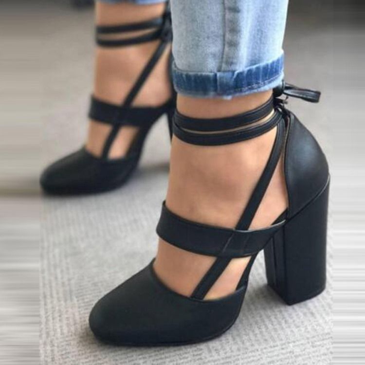 Sapatos Femininos Com Atacadores Redondos Com Tiras Cruzadas E Salto Alto (5-8 cm)