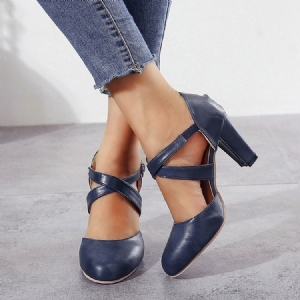 Sapatos Femininos Com Biqueira Redonda Com Fivela De Salto Grosso E Corte Superior Fino