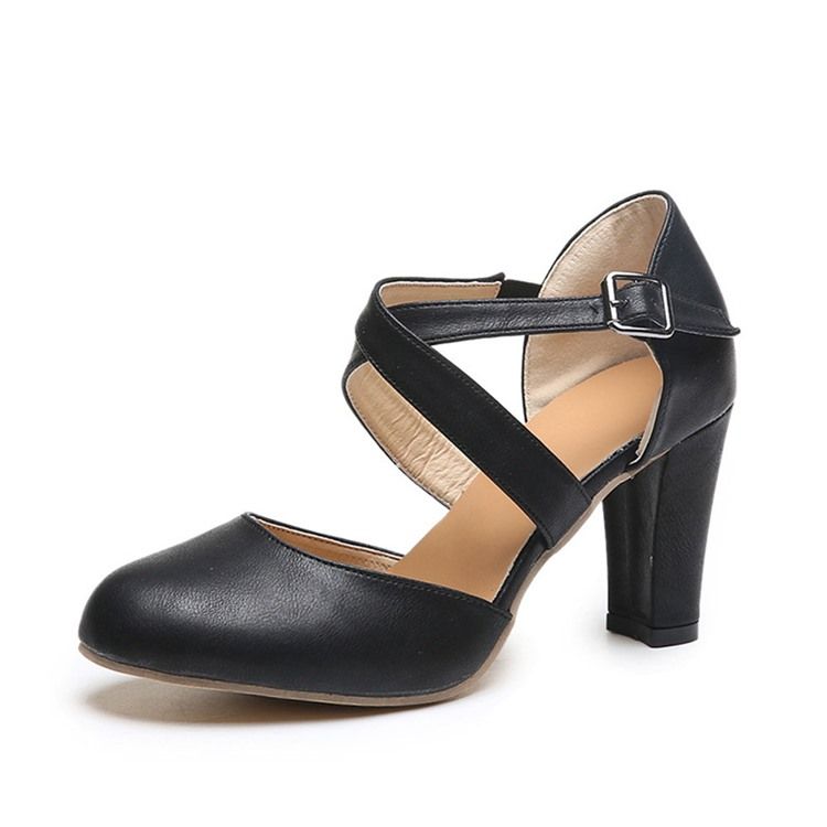 Sapatos Femininos Com Biqueira Redonda Com Fivela De Salto Grosso E Corte Superior Fino