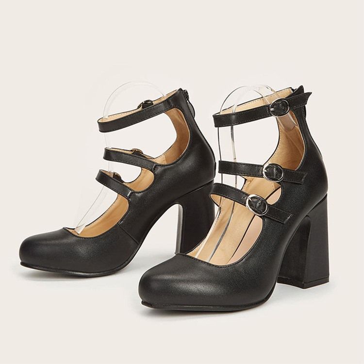 Sapatos Femininos De Salto Redondo Com Fivela De Salto Largo E Corte Baixo