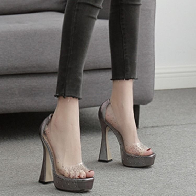 Strass Feminino Peep Toe Calcanhar Chunky Bombas Casuais