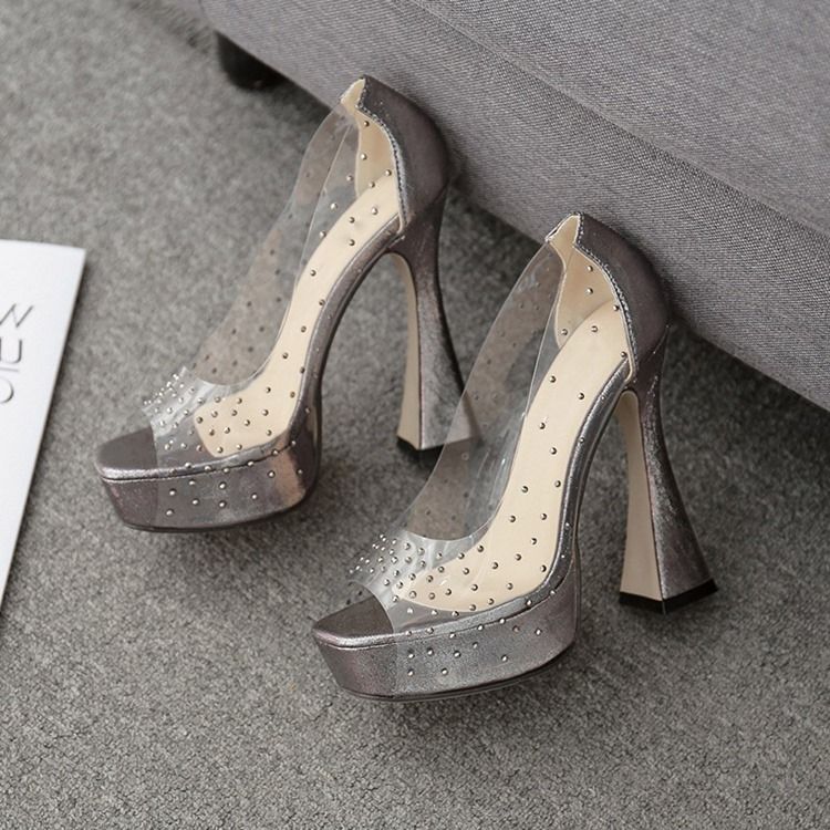 Strass Feminino Peep Toe Calcanhar Chunky Bombas Casuais