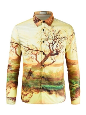 Camisa Casual De Lapela Com Estampa Masculina Fina De Primavera