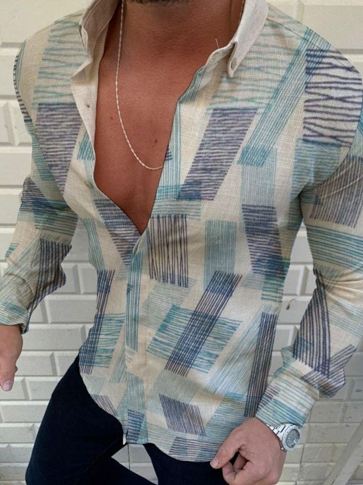 Camisa Casual Masculina De Lapela Estampada Geométrica
