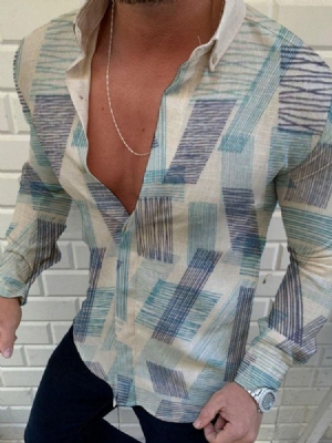 Camisa Casual Masculina De Lapela Estampada Geométrica