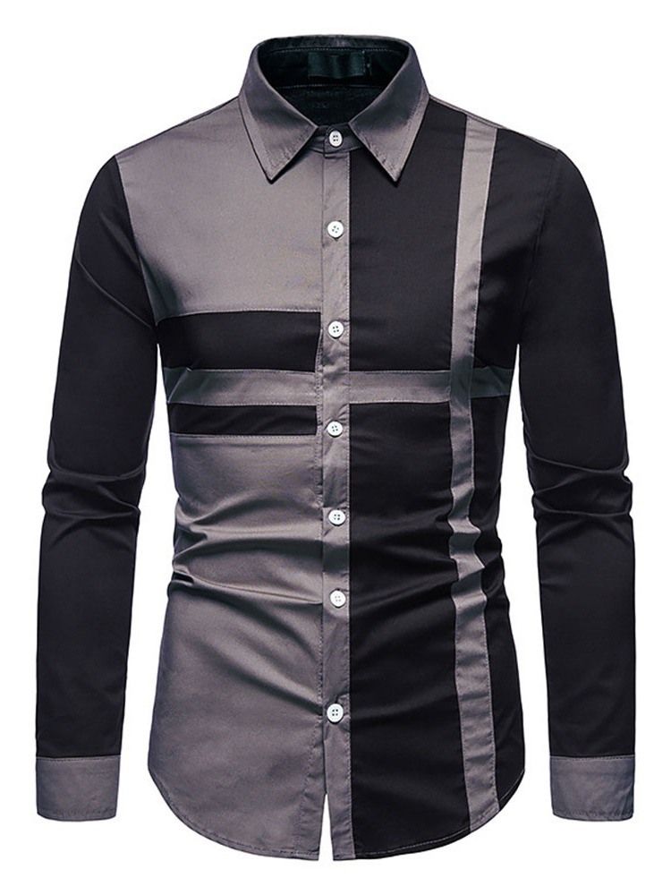 Camisa Casual Patchwork Color Block Fall Single Breasted Masculino
