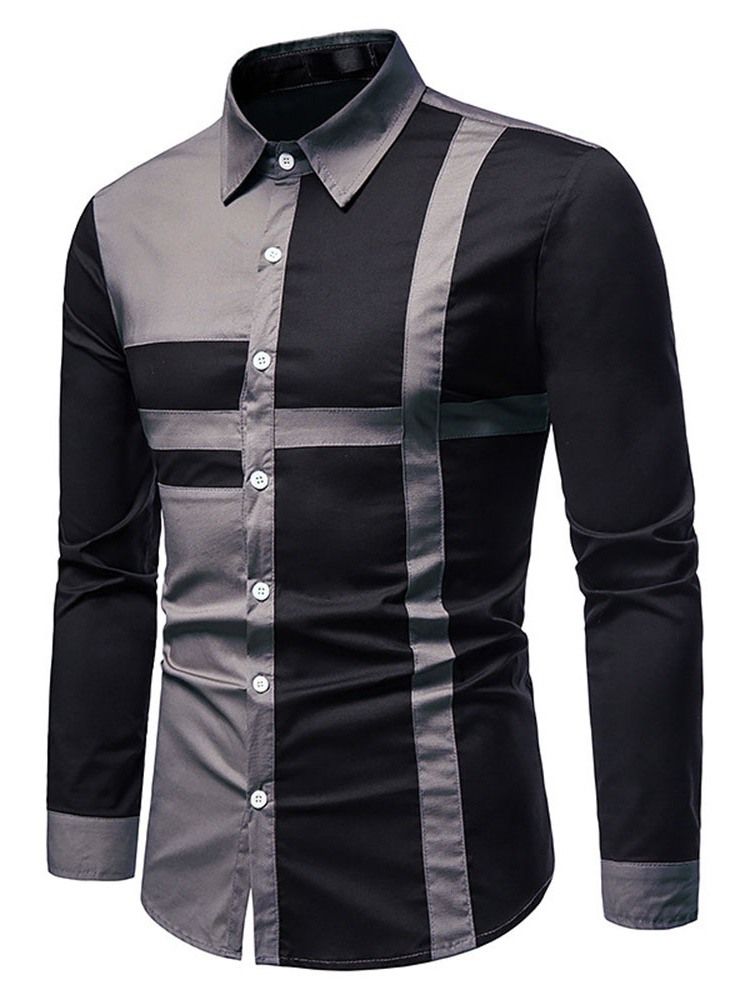 Camisa Casual Patchwork Color Block Fall Single Breasted Masculino