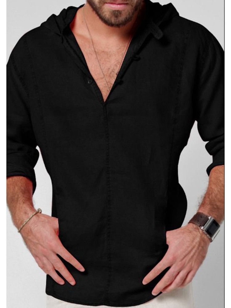 Camisa Justa Masculina De Botão Liso Com Capuz