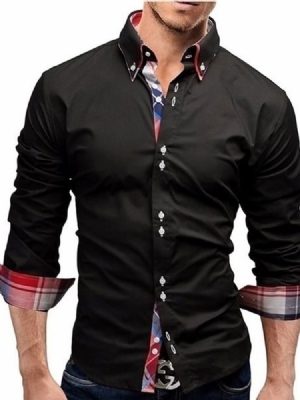 Camisa Justa Masculina Com Estampa Xadrez Casual Botão Lapela