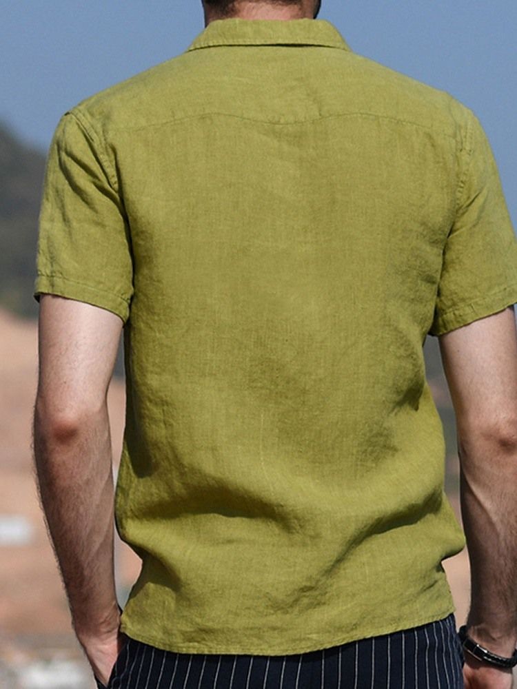 Camisa Justa Masculina De Manga Curta Com Botão De Lapela