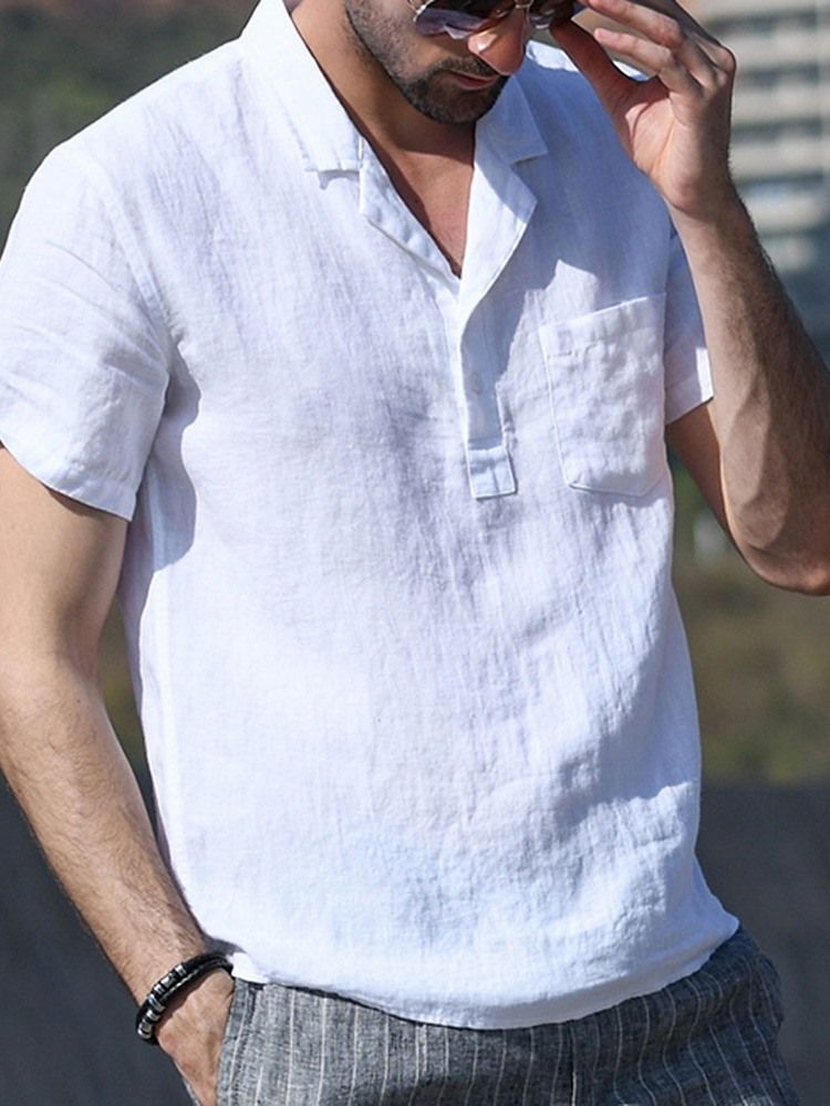Camisa Justa Masculina De Manga Curta Com Botão De Lapela
