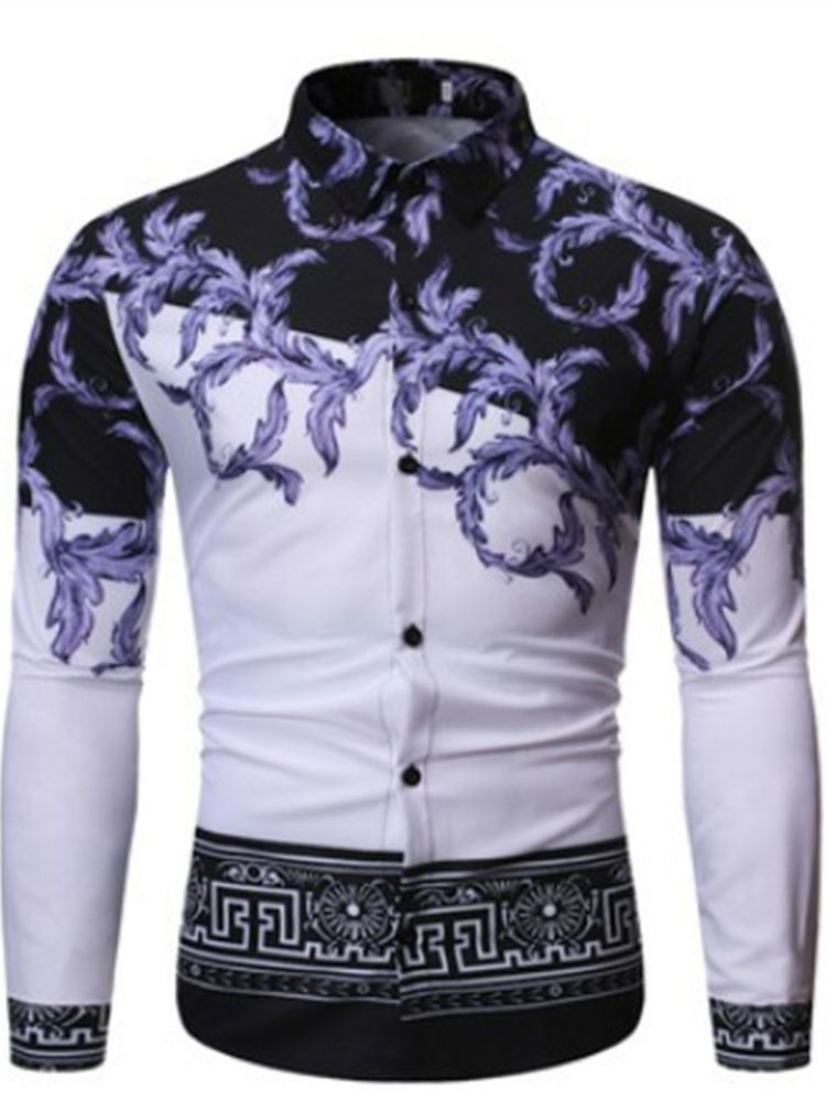 Camisa De Lapela Estampada Cor Block Spring De Peito Único Masculino