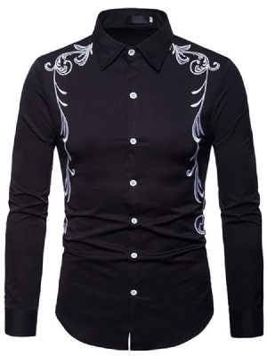 Camisa Masculina De Lapela Bordada Slim Com Peito Único