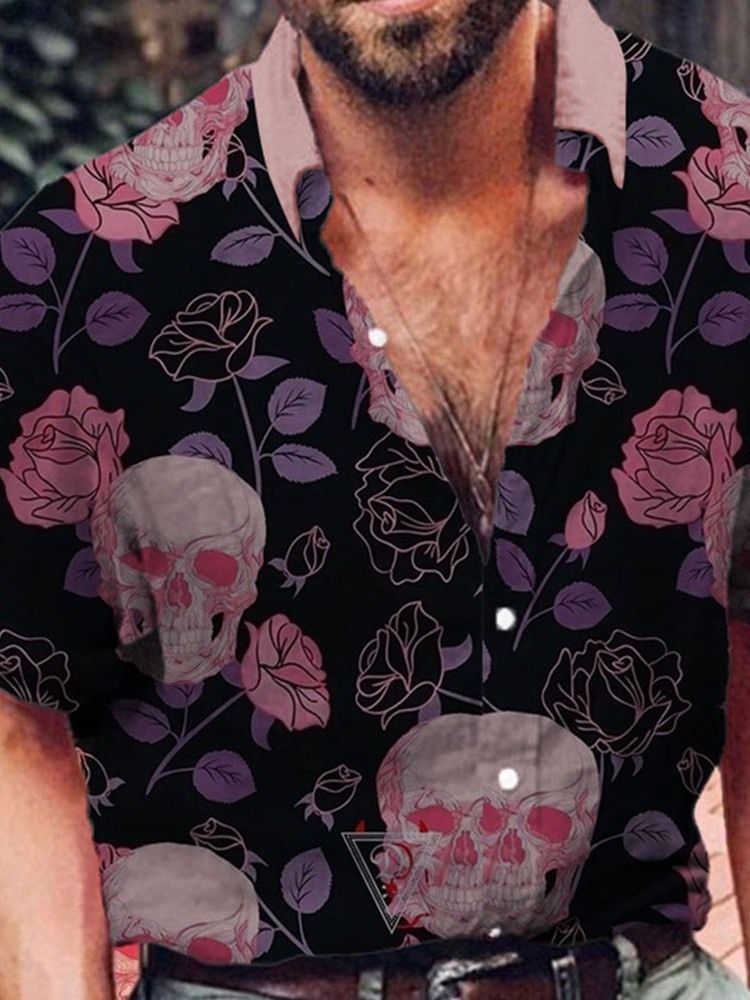 Camisa Masculina De Lapela Estampada De Lapela Com Estampa De Crânio