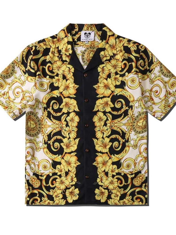 Camisa Masculina De Lapela Estampada Floral Solta De Peito Único