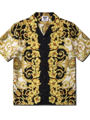 Camisa Masculina De Lapela Estampada Floral Solta De Peito Único