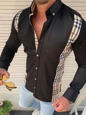 Camisa Masculina De Lapela Xadrez Europeia Slim Outono