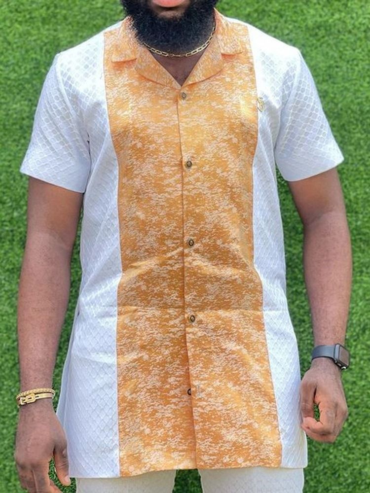 Camisa Masculina De Peito Único Com Botão De Lapela Color Block