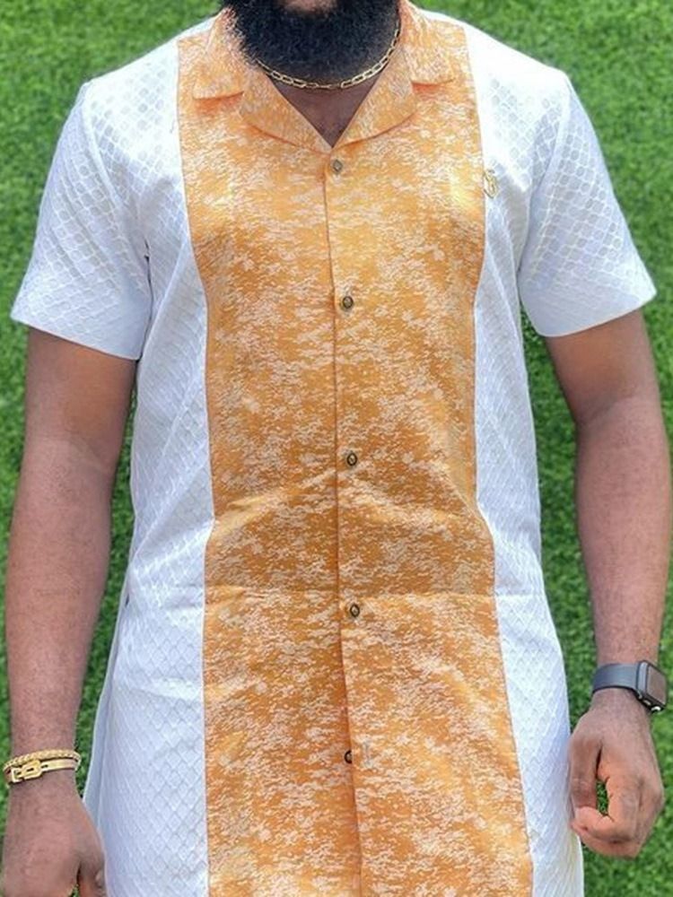 Camisa Masculina De Peito Único Com Botão De Lapela Color Block