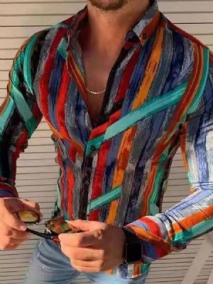 Camisa Masculina Slim Estampada De Lapela Com Peito Único