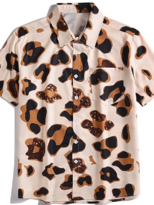 Camisa Masculina Solta Com Lapela Estampada Em Bloco