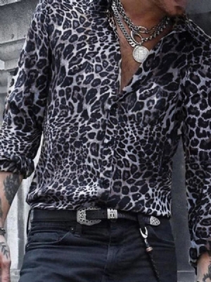 Camisa Slim Masculina Casual Lapela Leopardo