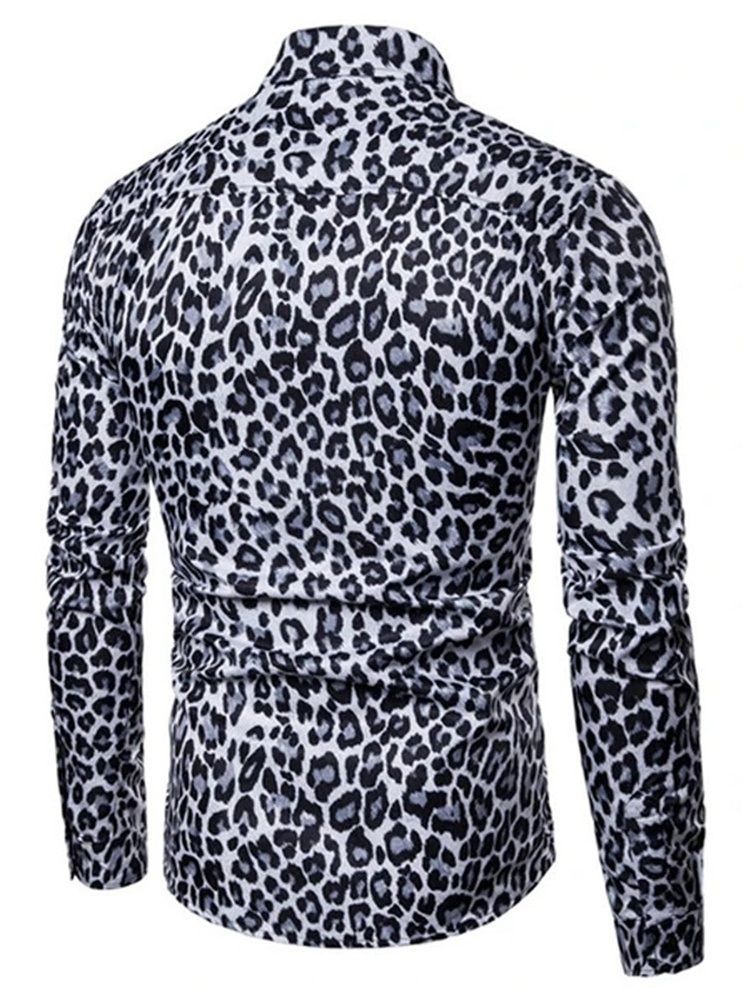 Camisa Slim Masculina Casual Lapela Leopardo