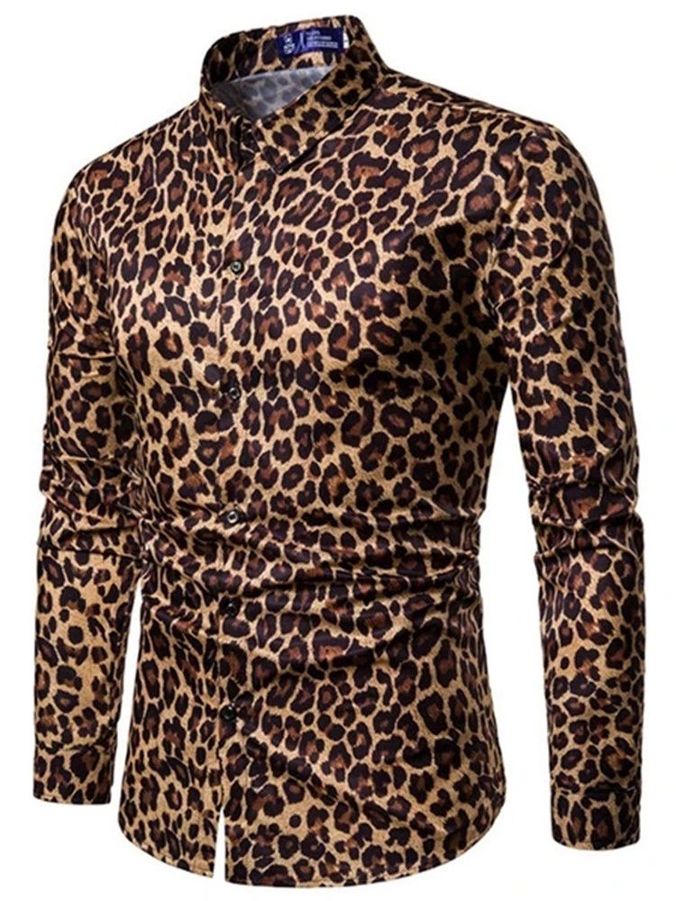 Camisa Slim Masculina Casual Lapela Leopardo