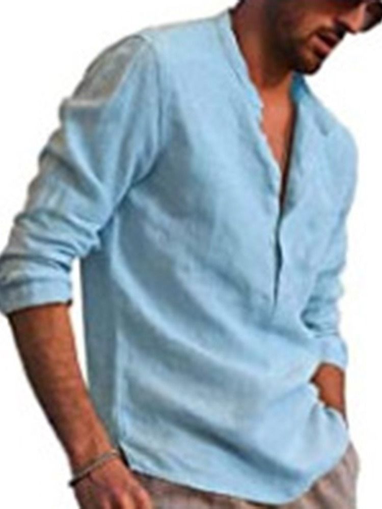 Camisa Slim Masculina De Colarinho Europeu Com Botão